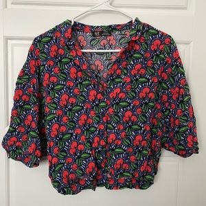 ZARA relaxed fit CHERRY short sleeve button up blouse